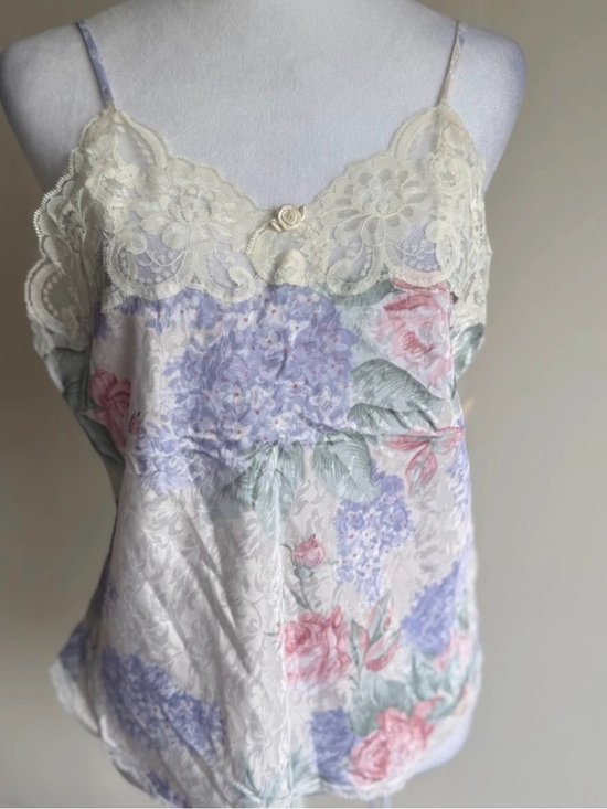 Tops - Vintage Lace Trim Floral Satin Camisole in Cream and Pastel Floral Slip Top